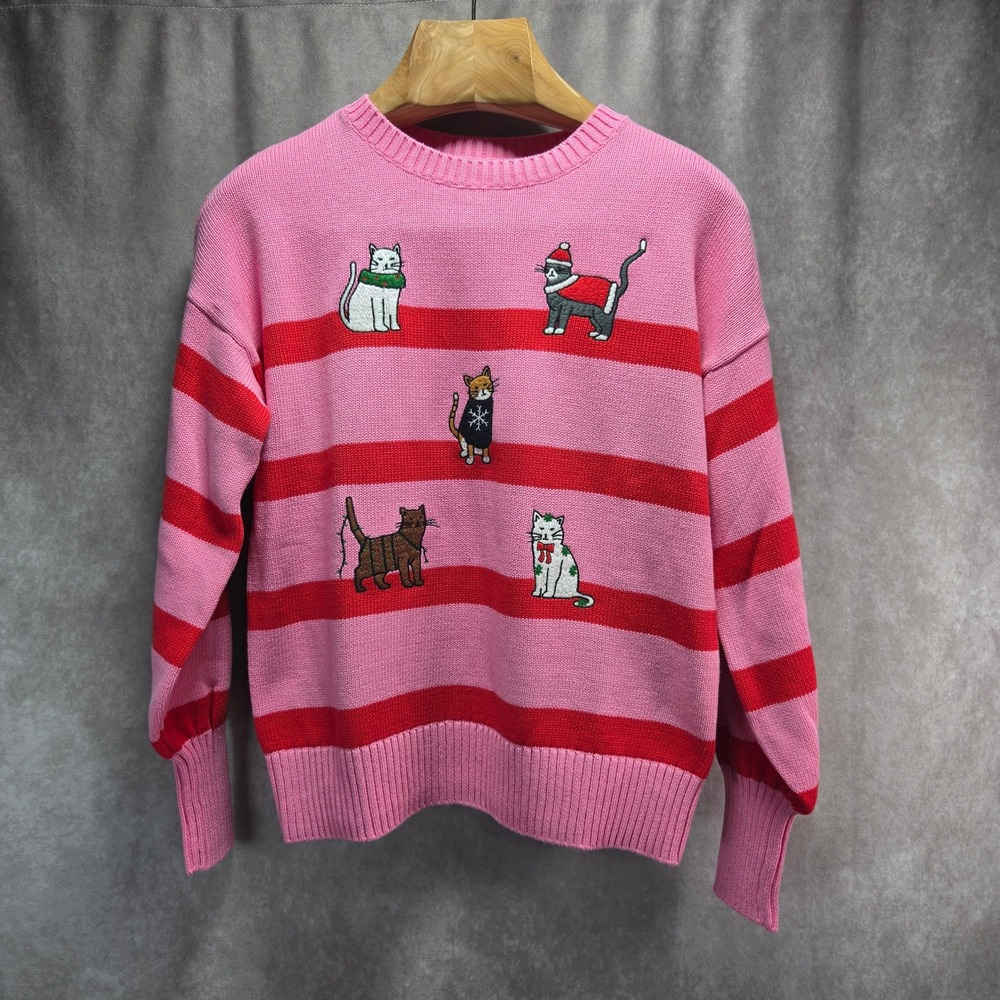 Lands End Drifter Christmas Cat Sweater Womens XS Pink Red Striped Cotton Knit - Picture 3 of 7